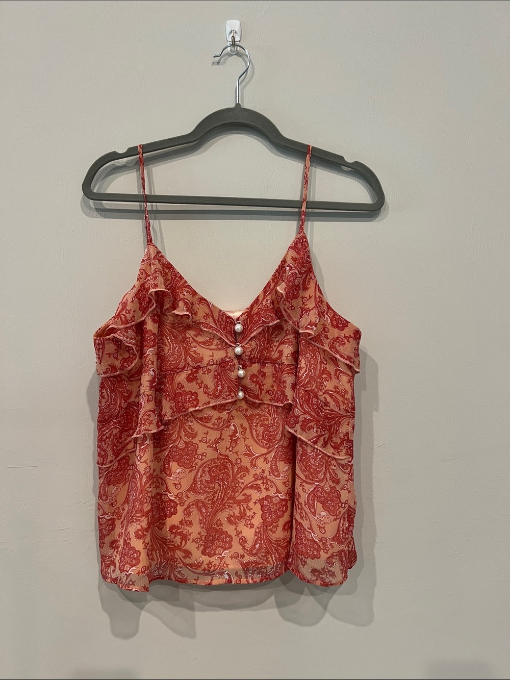 Express Pink Paisley Ruffle Pearl-Button Camisole